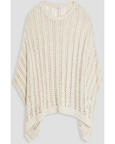 Brunello Cucinelli Bead-embellished Open-knit Cotton-blend Poncho - Natural