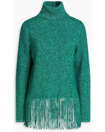 Zimmermann Fringed Ribbed Cashmere And Merino Wool-blend Turtleneck Sweater - Green