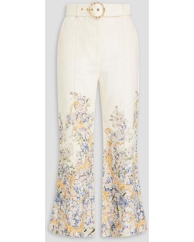 Zimmermann Belted Floral-print Linen Kick-flare Trousers - Natural