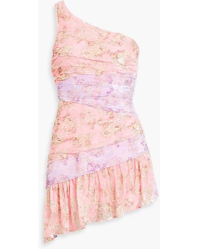 LoveShackFancy One-shoulder Printed Devoré-chiffon Mini Dress - Pink