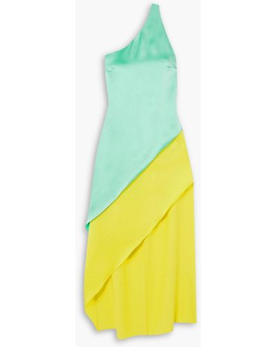 Halpern Razor One-shoulder Two-tone Satin Midi Dress - Yellow