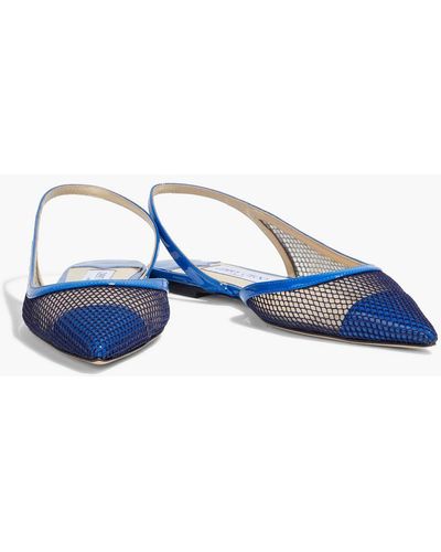 Jimmy Choo Fetto Patent-leather And Mesh Point-toe Slingback Flats - Blue