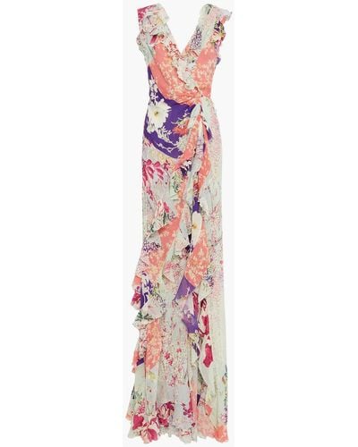 Etro Wrap-effect Twist-back Ruffled Floral-print Silk-gauze Gown - Pink