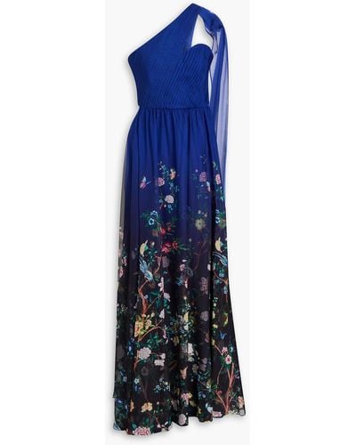 Marchesa One-shoulder Floral-print Chiffon Gown - Blue
