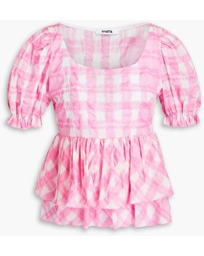Vivetta Gestufte bluse aus baumwolle mit schößchen und karomuster - Pink