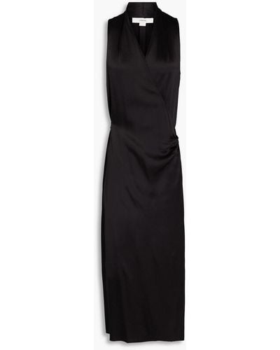 Vince Pleated Satin-crepe Midi Wrap Dress - Black
