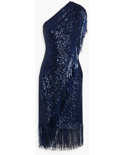 Badgley Mischka One-shoulder Wrap-effect Sequined Mesh Midi Dress - Blue