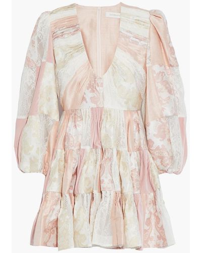 Zimmermann Patchwork Silk-shantung, Jacquard, Velvet And Lace Mini Dress - Pink