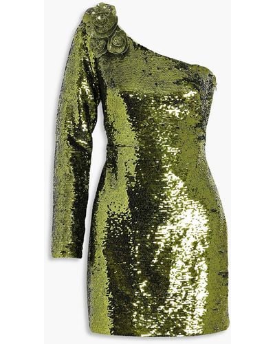 Marchesa One-sleeve Sequined Tulle Mini Dress - Green