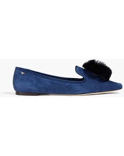 Tory Burch Pompom-embellished Suede Slippers - Blue