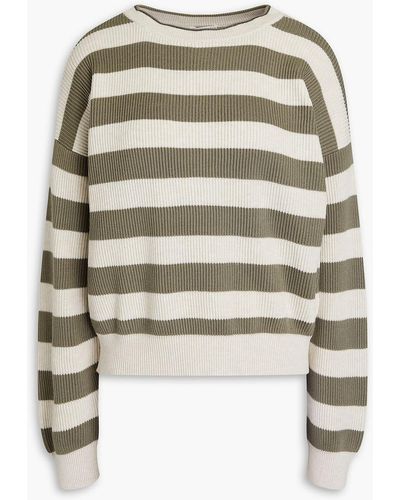 Brunello Cucinelli Bead-embellished Striped Ribbed Cotton Jumper - White