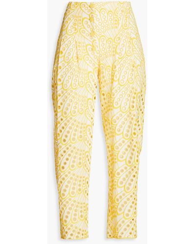 Charo Ruiz Simone Cropped Broderie Anglaise Cotton-blend Tapered Trousers - Yellow