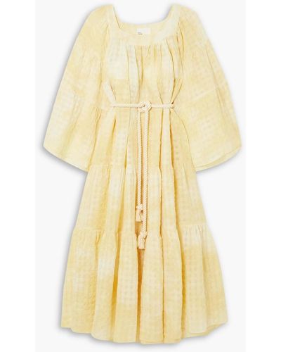 Lisa Marie Fernandez Belted Tie-dyed Linen And Cotton-blend Seersucker Maxi Dress - Yellow