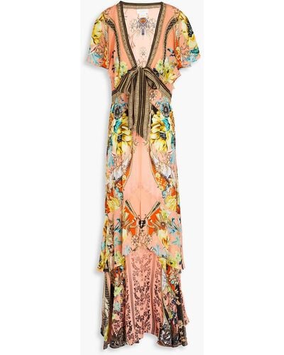 Camilla Crystal-embellished Tiered Floral-print Silk Crepe De Chine Maxi Dress - Metallic