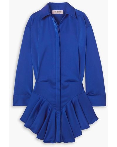 The Attico Candice Pleated Satin Mini Shirt Dress - Blue
