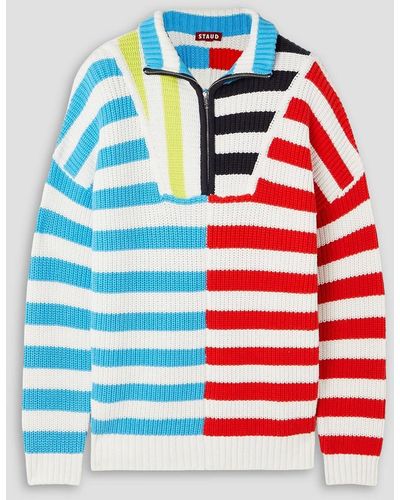 STAUD Hampton Striped Ribbed Cotton-blend Sweater - Red
