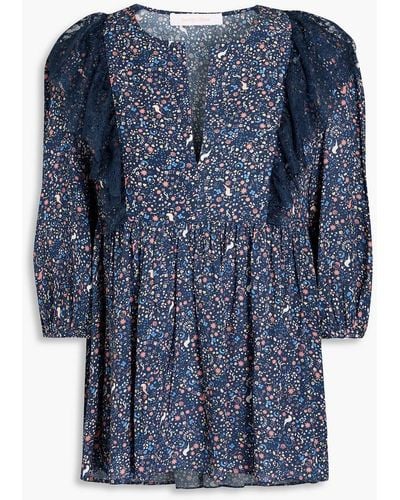 See By Chloé Bedruckte bluse aus satin mit spitzenbesatz - Blau