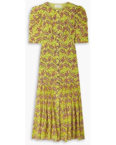 Saloni Colette Pleated Printed Silk Crepe De Chine Midi Dress - Yellow