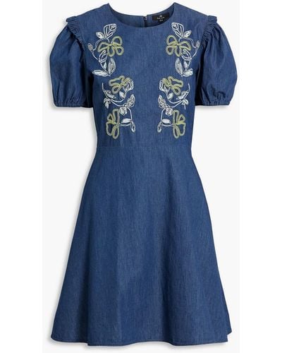 Paul Smith Embroidered Cotton-chambray Mini Dress - Blue