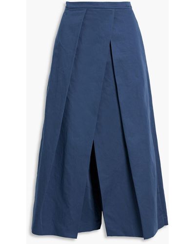 Tibi Pleated Skirt-effect Cotton And Linen-blend Sateen Culottes - Blue