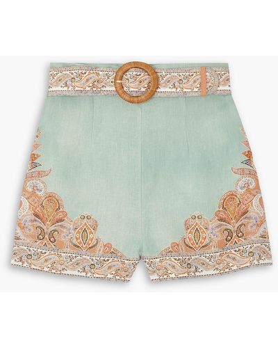 Zimmermann Devi Belted Paisley-print Linen Shorts - Blue