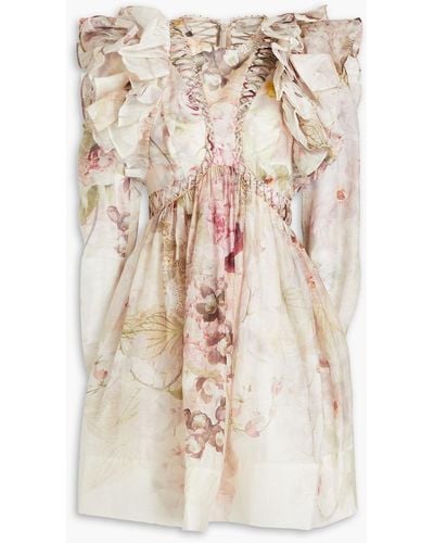 Zimmermann Embellished Ruffled Floral-print Linen And Silk-blend Mini Dress - Natural
