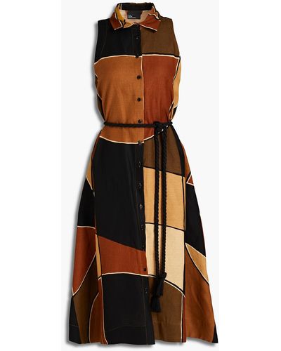 Lisa Marie Fernandez Belted Printed Linen-blend Midi Dress - Brown