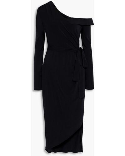 Halston Eden One-shoulder Wrap-effect Stretch-jersey Dress - Black