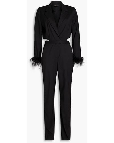 Maje Cutout Feather-embellished Twill Jumpsuit - Black