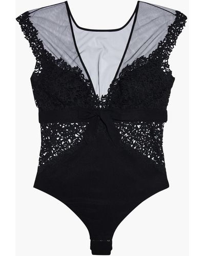 La Perla Petit Macramé Tulle And Lace-paneled Stretch-silk Bodysuit - Black