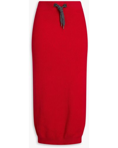Brunello Cucinelli Bead-embellished Ribbed-knit Midi Skirt - Red