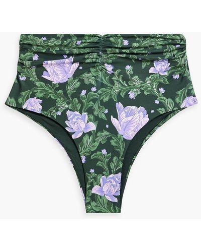 Agua Bendita Vainen Peonia Ocaso Ruched Floral-print High-rise Bikini Briefs - Green