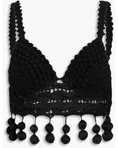 Rosie Assoulin Pompom-trimmed Crocheted Cotton Bra Top - Black