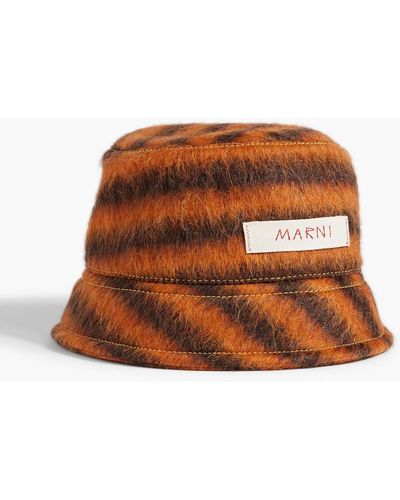 Marni Logo-appliquéd Striped Knitted Bucket Hat - Brown