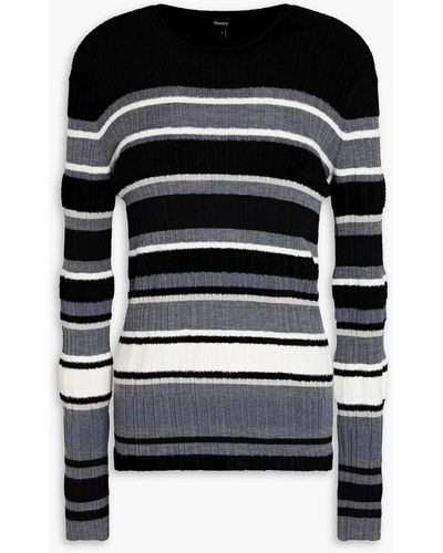 Theory Striped Chenille-trimmed Knitted Jumper - Black