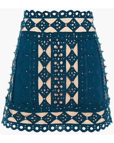Zimmermann Moncur Studded Broderie Anglaise Silk Crepe De Chine And Cotton-canvas Mini Skirt - Blue