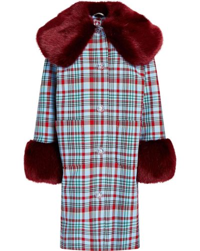Shrimps Colonel Faux Fur-trimmed Checked Jacquard Coat - Red