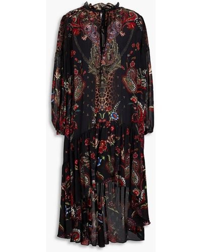 Camilla Blouson Velvet-paneled Printed Silk Midi Dress - Black