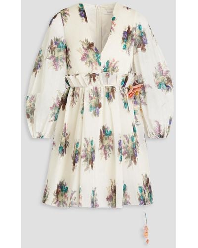 Zimmermann Belted Pleated Floral-print Organza Mini Dress - Natural