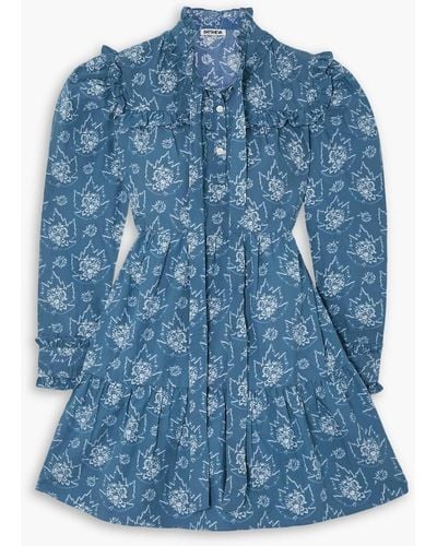 BATSHEVA Mina minikleid aus baumwollpopeline mit floralem print und rüschen - Blau
