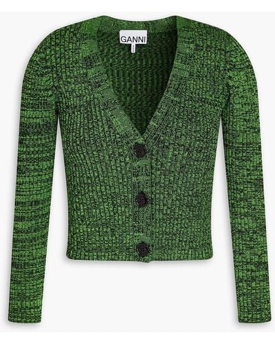 Ganni Cropped Marled Ribbed-knit Cardigan - Green
