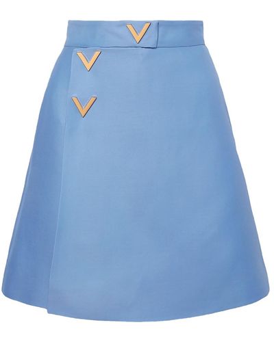 Valentino Embellished Wrap-effect Wool And Silk-blend Mini Skirt - Blue
