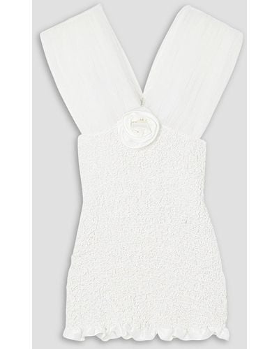 Alessandra Rich Appliquéd Shirred Silk-satin And Tulle Mini Dress - White