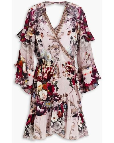 Camilla Ruffled Loral-print Silk Crepe De Chine Mini Wrap Dress - Pink