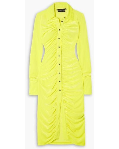 Quinn Ruched Neon Stretch-velvet Midi Shirt Dress - Yellow