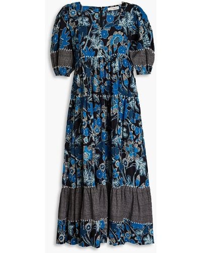 Ulla Johnson Nora gerafftes midikleid aus einer baumwollmischung mit floralem print - Blau