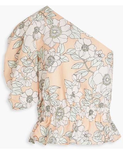 Claudie Pierlot Bijou One-sleeve Floral-print Lyocell And Linen-blend Peplum Top - Natural