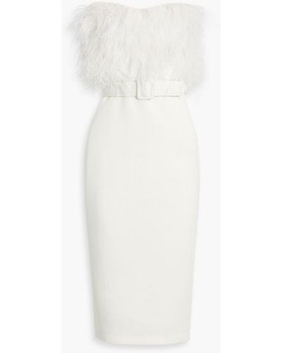 Badgley Mischka Strapless Feather-embellished Scuba Midi Dress - White