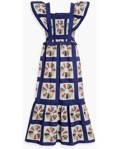 Sea Pippin Printed Patchwork-effect Shirred Cotton Midi Dress - Blue