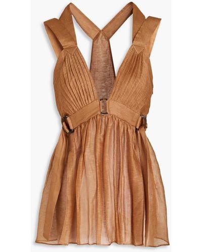 Alberta Ferretti Pintucked Linen And Silk-blend Mini Dress - Brown
